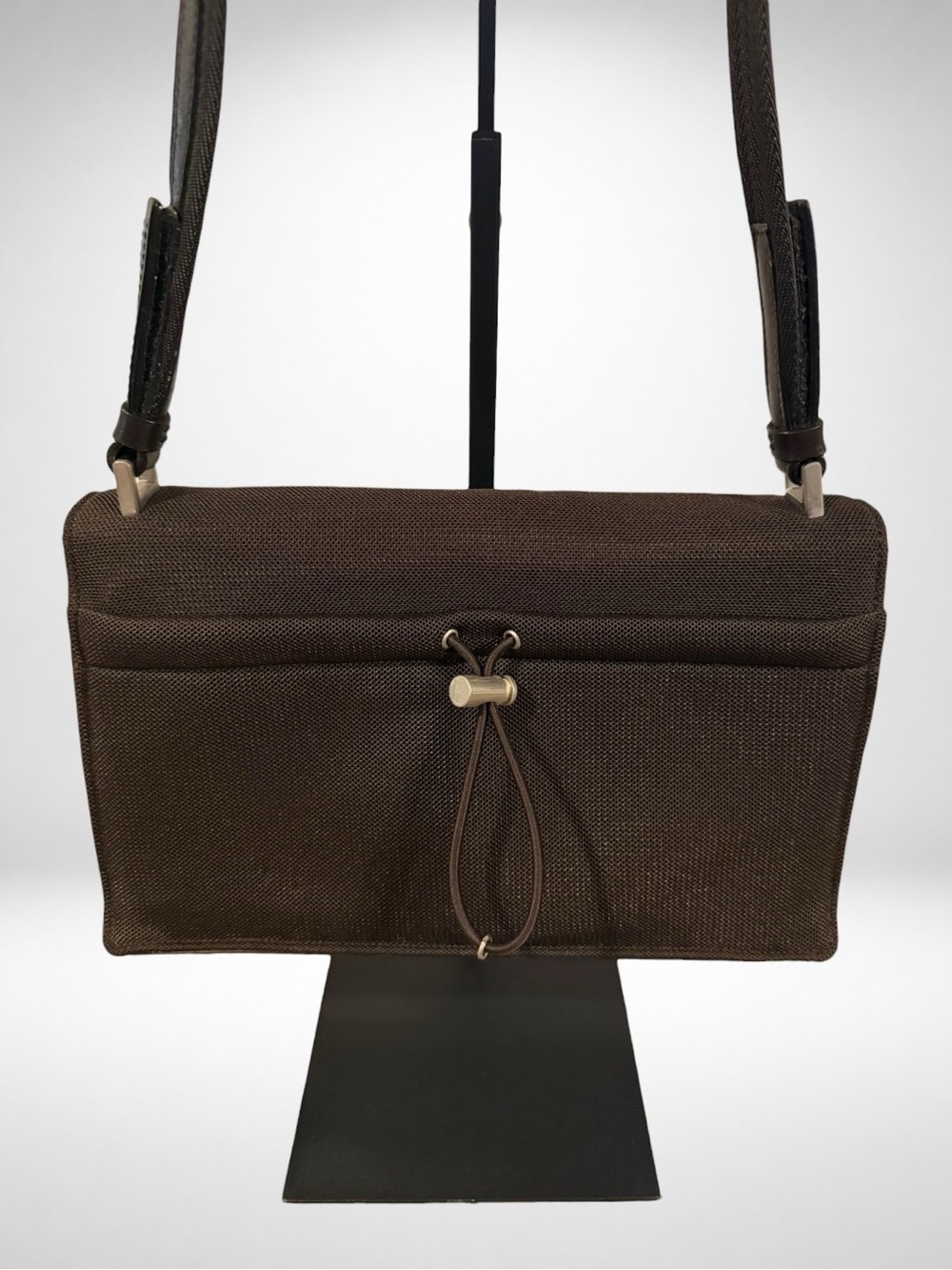 PRADA 1999 Runway Mesh Leather Shoulder Bag Brown Adjustable Vintage Italy - Picture 2 of 15